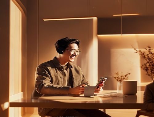 jinman品牌行动召唤场景，用户在明亮温暖的空间中愉快使用jinman产品，焦糖色调传递品质与信任感